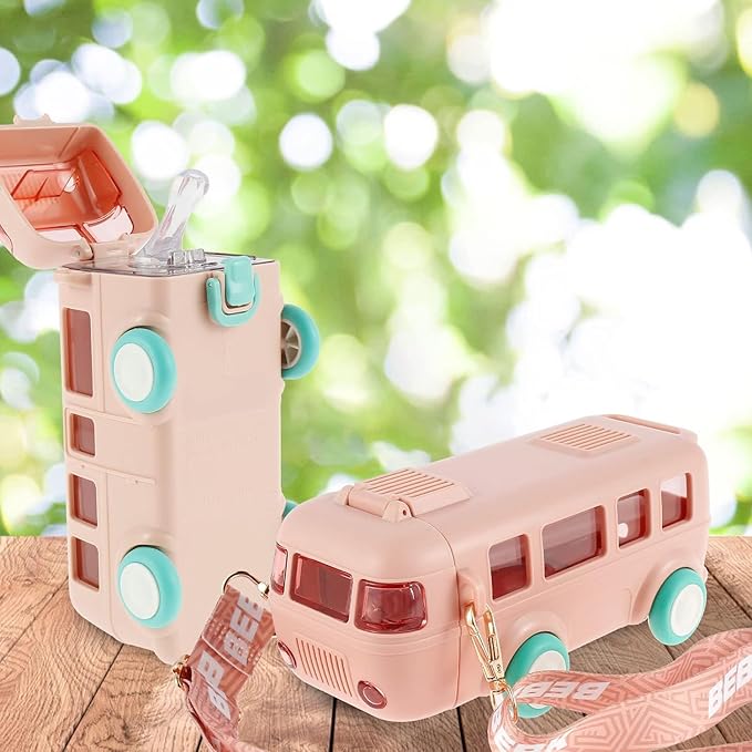Kids toy bus water bottle by 18057, bus-shaped with movable wheels, leak-proof sipper bottle for school and picnics