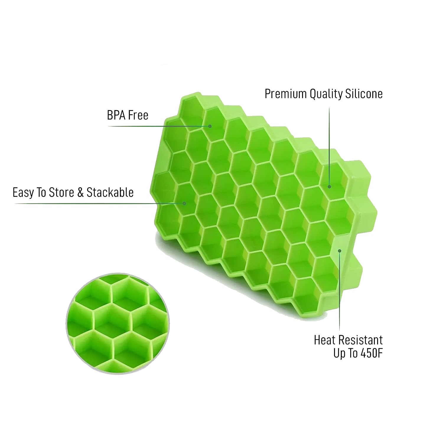 Two Kitchen4U silicone ice cube trays with honeycomb molds, each holding 37 small, flexible, easy-release ice cubes for drinks.
