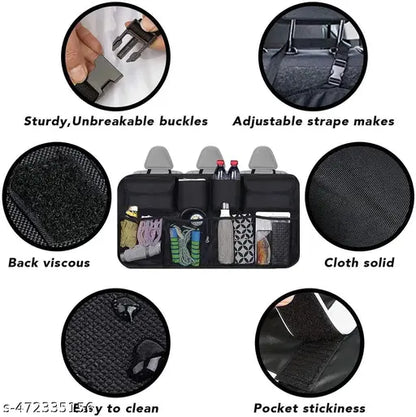 Car trunk organizer with waterproof fabric, 8 large storage compartments, backseat hanging design, by 18279, for car mobile devices.