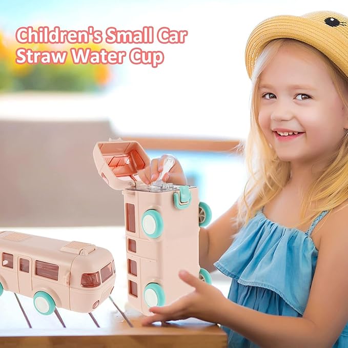 Kids toy bus-shaped water bottle with movable wheels, leak-proof sipper, ideal for school and picnics, by 18057.
