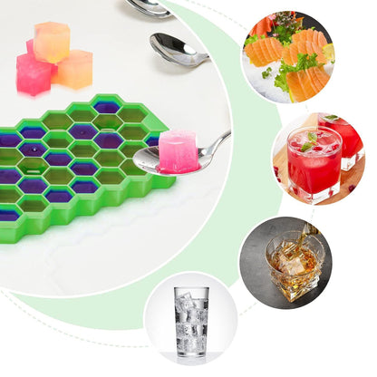 Set of two Kitchen4U silicone ice cube trays with 37 small honeycomb-shaped ice cubes, flexible, easy-release, and stackable.