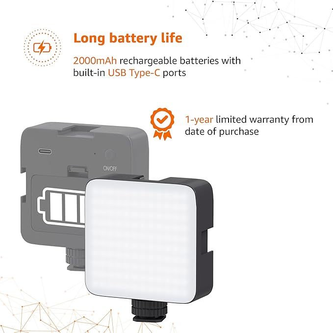 22927 camera video light with clip, 120 LED beads, 3 cold shoe connectors, dimmable, rechargeable battery, suitable for flash photography