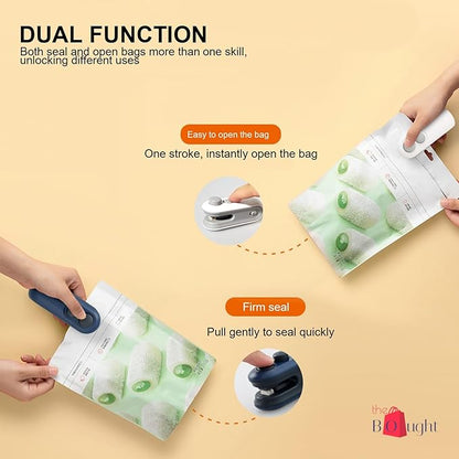 Portable 2-in-1 USB rechargeable magnetic sealing machine for sealing and cutting food bags with clips and lids.