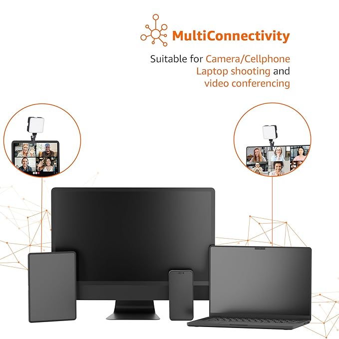 22927 camera video light with clip, 120 LED beads, 3 cold shoe connectors, dimmable, rechargeable battery for flash photography