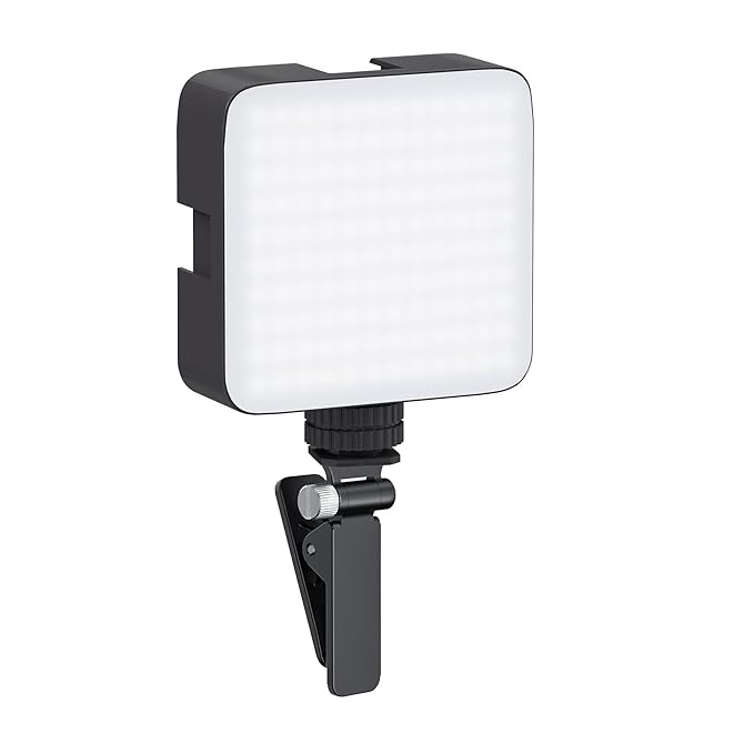 22927 camera video light with clip, 120 LED beads, dimmable, rechargeable battery, and 3 cold shoe connectors for versatile lighting.