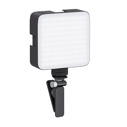 22927 camera video light with clip, 120 LED beads, dimmable, rechargeable battery, and 3 cold shoe connectors for versatile lighting.