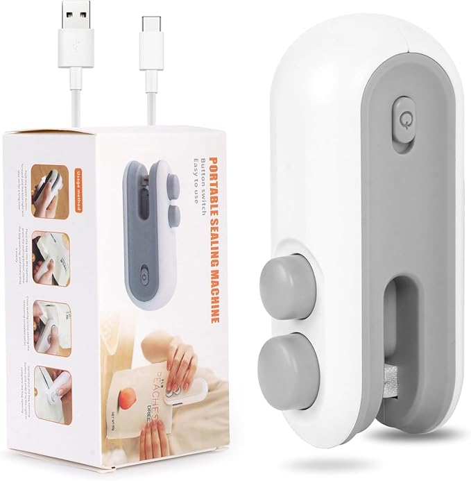 Portable mini USB rechargeable sealing machine with magnetic heat seal and cutting for food storage, branded 4485.