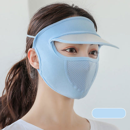 Ice silk face cover sunscreen mask with brim and UV protection visor, 22123 cloth face mask for sun shielding.