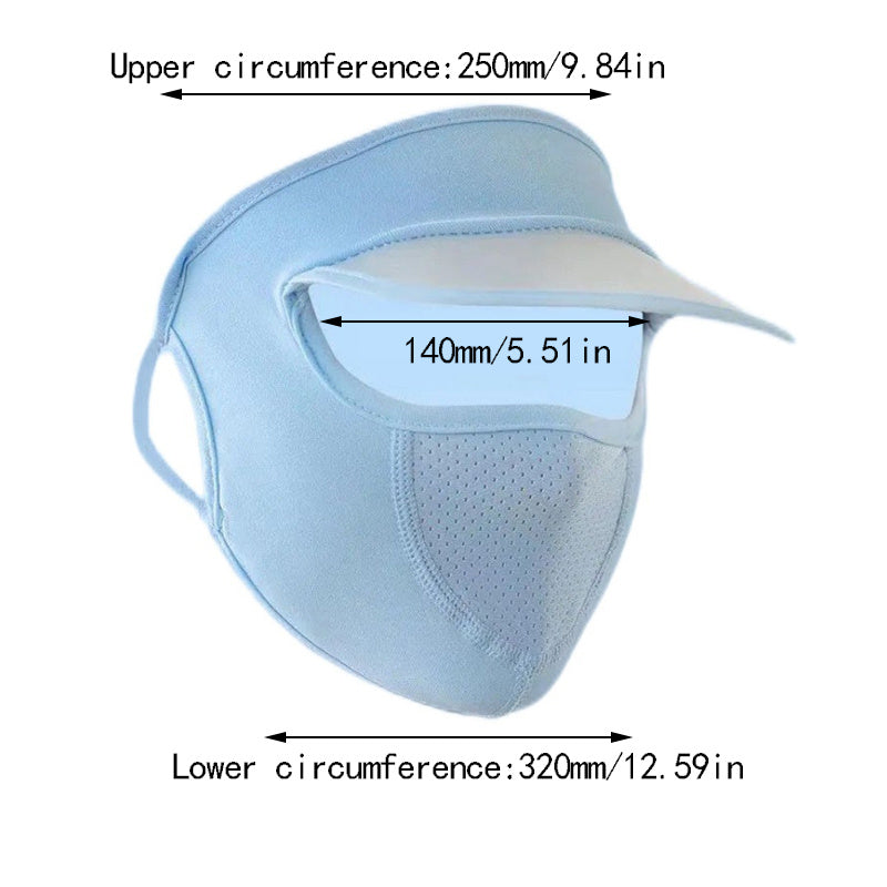 Cloth face mask with brim and UV protection visor, made of ice silk fabric, designed for sun protection and face coverage.