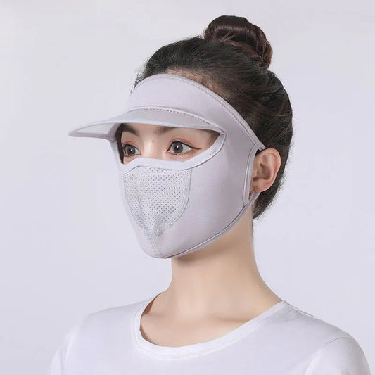 Ice silk face mask with brim and UV protection visor, cloth face mask by 22123, designed for sun protection and face coverage.