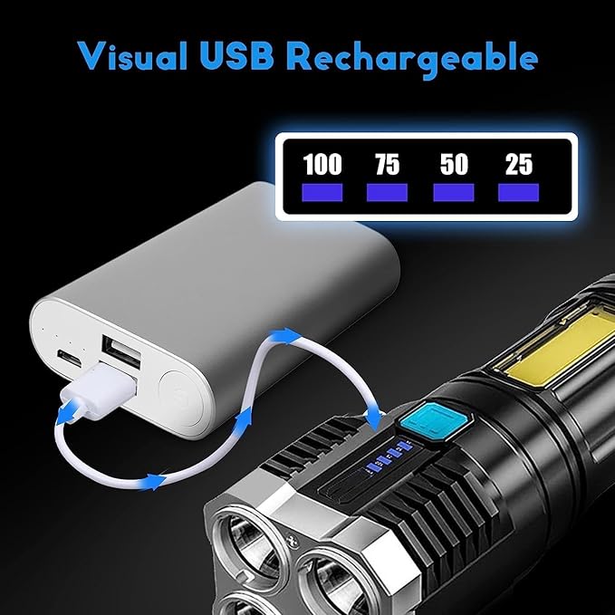 22927 4 in 1 LED rechargeable torch with 3W beam, multiple modes, ideal for outdoor, indoor, hiking, and walking activities