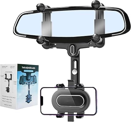 Car rearview mirror phone mount by 22927, universal rotatable holder for smartphones, compatible with 2024 car models.
