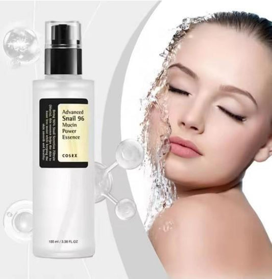 Two bottles of 16182 Snail 96 Mucin Power Essence, 100ml skin treatment with clear packaging and pump dispenser on a white background.