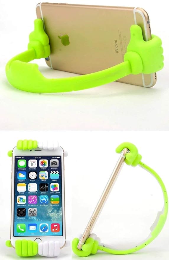Flexible universal stand for smartphones and tablets with thumb holder, compatible with various mobile devices.