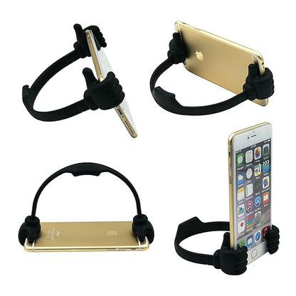 Universal flexible stand for smartphones and tablets, adjustable thumb holder and mobile mount, ideal for hands-free use.