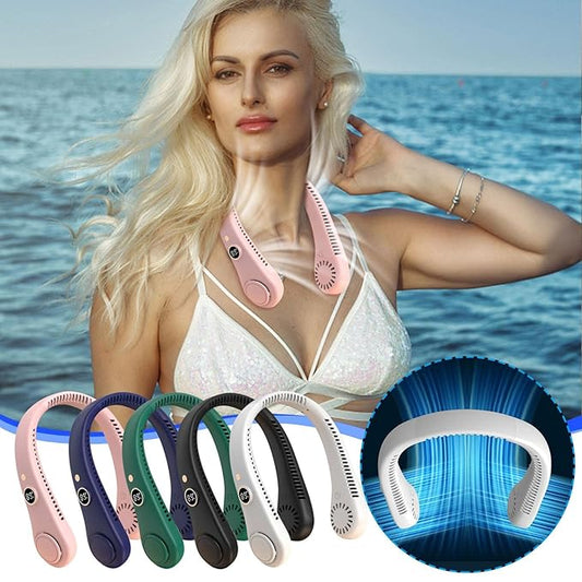 4485 portable neckband cooler with bladeless vent, rechargeable USB mini fan for summer cooling, lightweight and wearable.