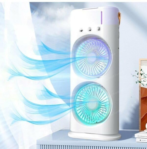 4485 double-ended spray fan showing compact mini desk fan with mist spray, USB rechargeable cooling fan for office and travel.