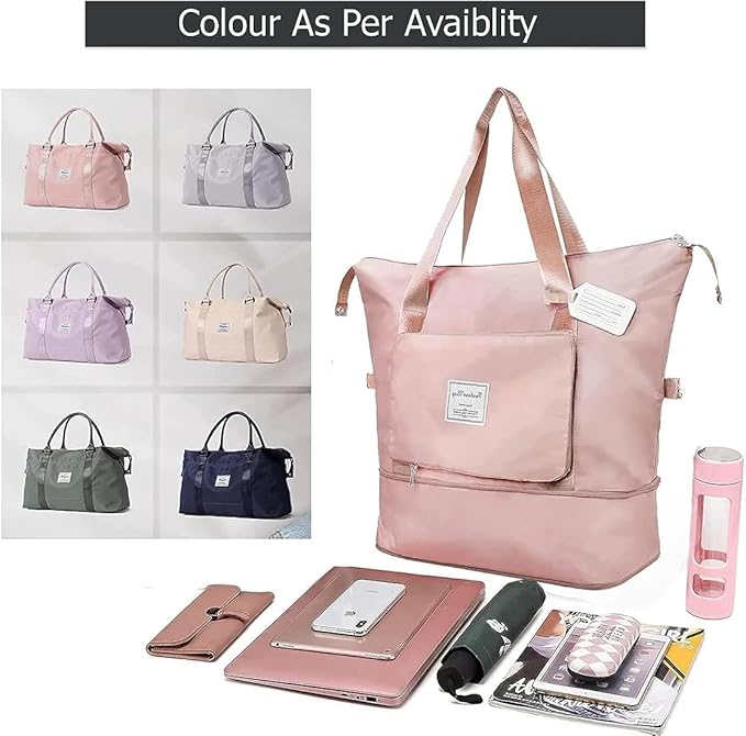 Multicolor expandable folding travel bag for women, versatile luggage bag with crossbody strap and spacious design.