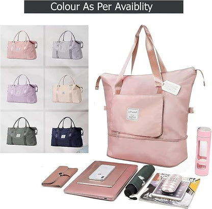 Multicolor expandable folding travel bag for women, versatile luggage bag with crossbody strap and spacious design.