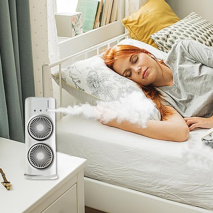 4485 double-ended spray fan displaying mist spray, USB rechargeable mini desk fan ideal for cooling at office or travel.