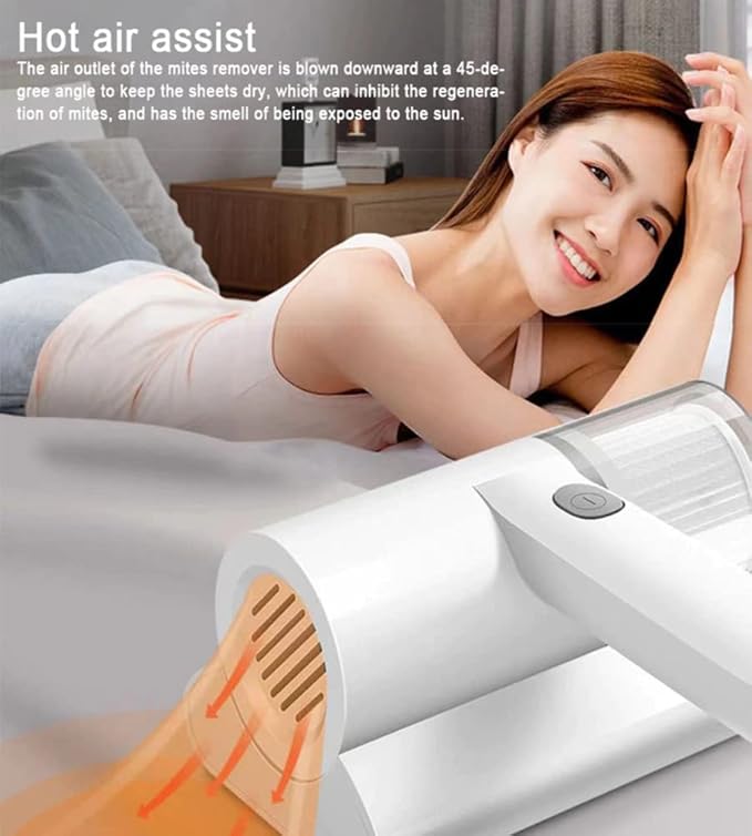 Handheld wireless vacuum cleaner with dust suction brush for removing mites and dust from furniture and upholstery.