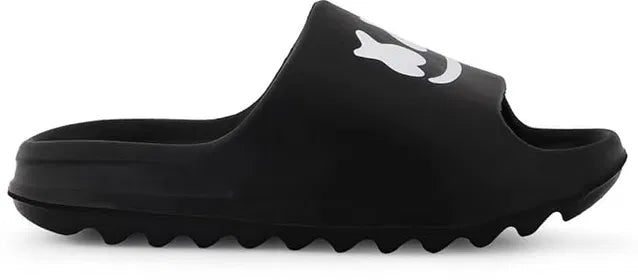 Black Smile Slides slippers by 1765 featuring a casual slip-on design with a smile motif on the black rubber soles.