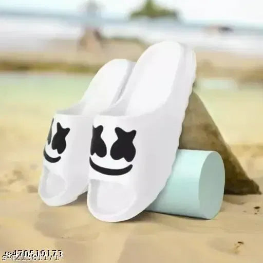 White Smiley Slides by 1765, casual slippers with cheerful smiley face design, comfortable slip-on footwear for everyday wear.