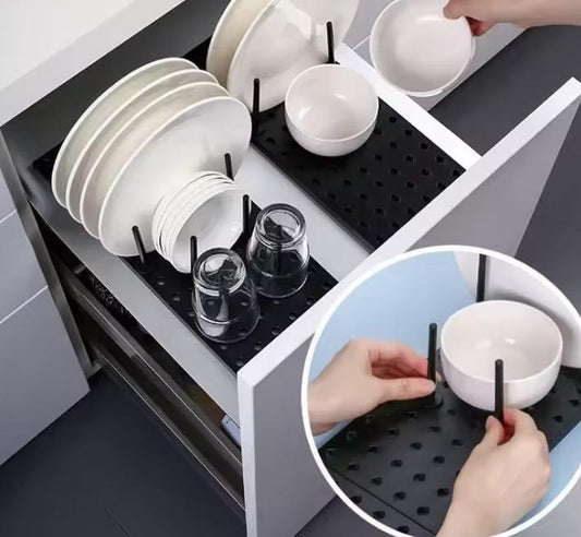 Kitchen drain shelf dish drying rack organizer with multiple compartments for drying and storing dishes in the kitchen drawer.