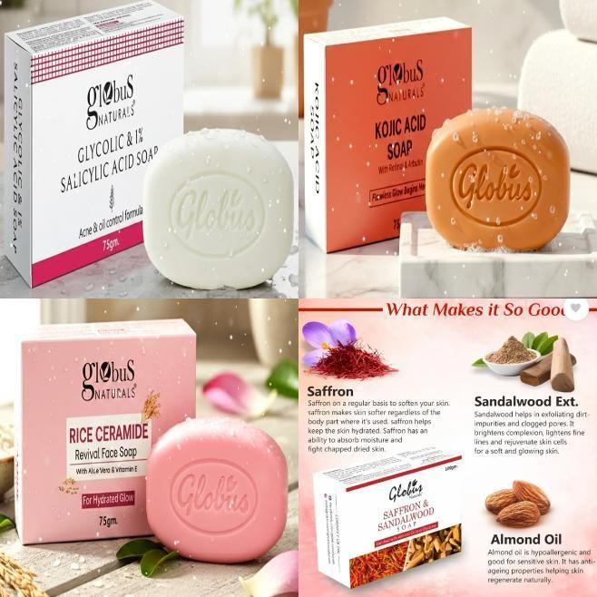 Shaving soap with rice ceramide, glycolic, salicylic, kojic acids, saffron, and sandalwood in a 325gm pack of 4.