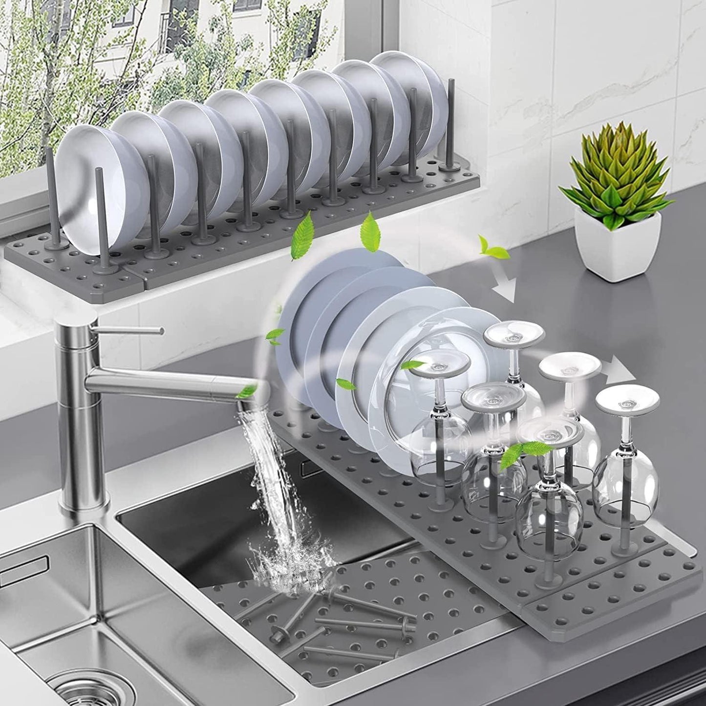 Kitchen drain shelf drying rack from 25560 with slots for dish drying and organization in a modern kitchen setting.