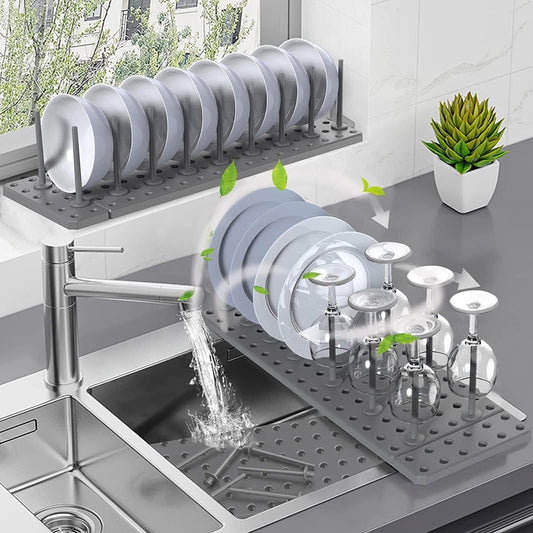 Kitchen drain shelf drying rack from 25560 with slots for dish drying and organization in a modern kitchen setting.