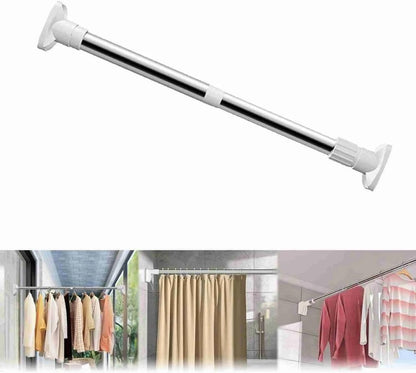 Adjustable drill-free curtain rod from 25560 with brackets and accessories, suitable for versatile home curtain installation.