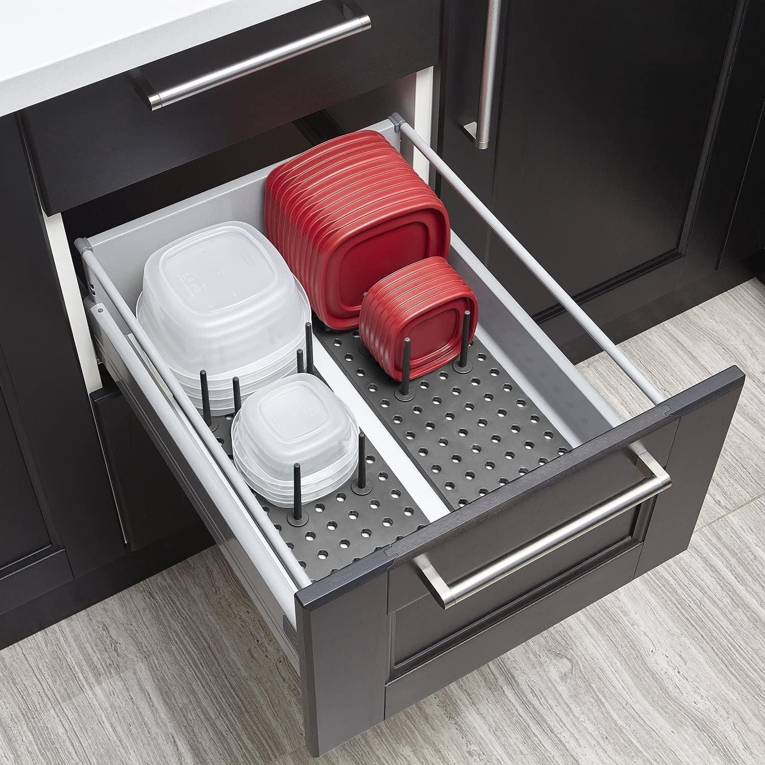 Kitchen drain shelf dish drying rack by 25560 with multiple compartments for drying and organizing dishes in the kitchen drawer.