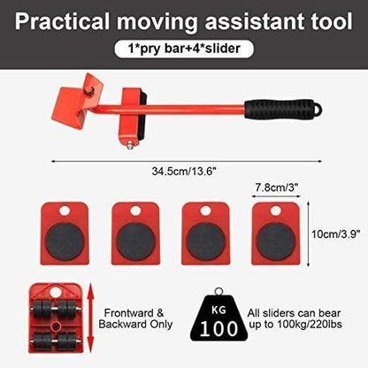 Heavy-duty furniture lifter mover tool set with wheel pads, designed for shifting and protecting furniture during moving.