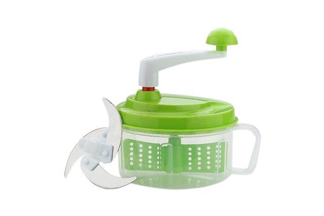 Wukusy 178 Kitchen Food Processor Chop N Churn with stainless steel blades and multiple attachments on a countertop.