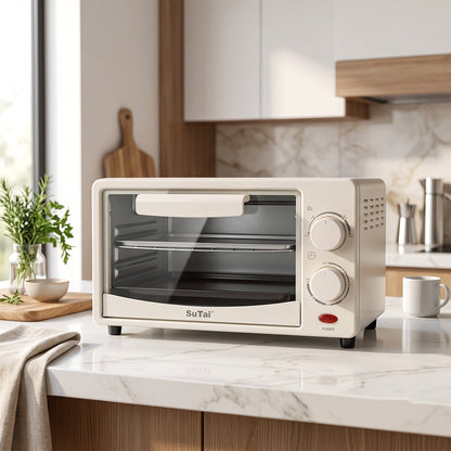 Wukusy 12L electric mini oven with toaster and grill function, compact 600W oven for baking, toasting, and grilling.