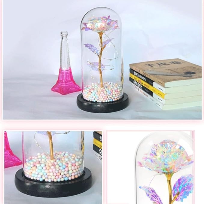 Artificial tulips in crystal box with galaxy glass rose and LED light, decorative flower gift from 18049, perfect for Valentine's Day.