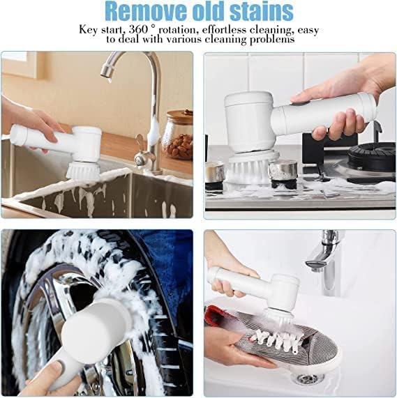 Electric Rotary Cleaning Brush with 3 heads by 18049, ideal for bathroom, kitchen, shower, tub, stove, floor, and car cleaning.