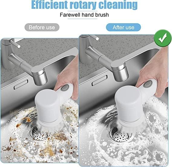 Electric rotary cleaning brush by 18049 with three brush heads for bathroom, kitchen, shower, tub, stove, floor, and car cleaning.