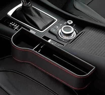 Leather car boot bag with bottle holder, driver seat gap filler, console side pocket, designed for car mats and carpets.
