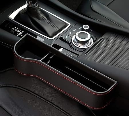 Leather car boot bag with bottle holder, driver seat gap filler, console side pocket, designed for car mats and carpets.