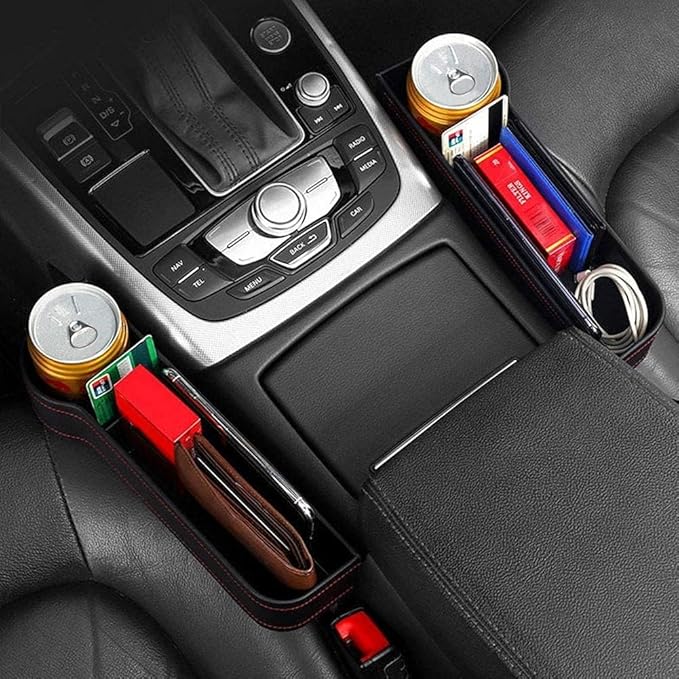 Leather car boot bag and driver seat gap filler with side pocket and bottle holder, designed for car mats and carpets.