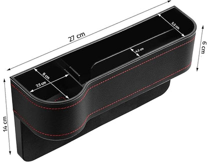 Leather car boot bag with side pocket and bottle holder, designed to fit between driver seat and console for extra storage.