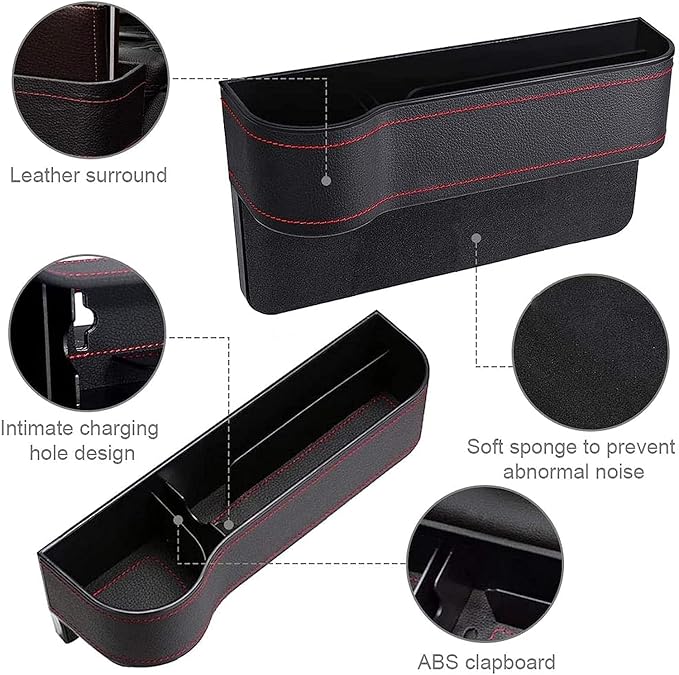 Leather car boot bag and driver seat gap filler with console side pocket and bottle holder, designed for vehicle storage and organization.