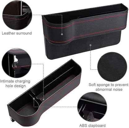 Leather car boot bag and driver seat gap filler with console side pocket and bottle holder, designed for vehicle storage and organization.