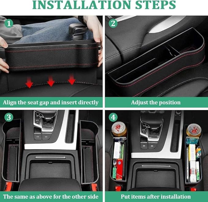 Leather car boot bag and driver seat gap filler with side pocket and bottle holder, designed for vehicle organization.