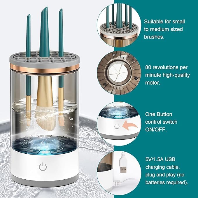 Electric cosmetic makeup brush cleaning tool and dryer machine for facial cleansing brushes, one-button operation, by 18049.