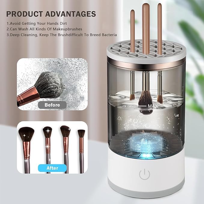Electric cosmetic makeup brush cleaning tool from 18049, facial cleansing brush with one-button operation for cleaning and drying brushes.