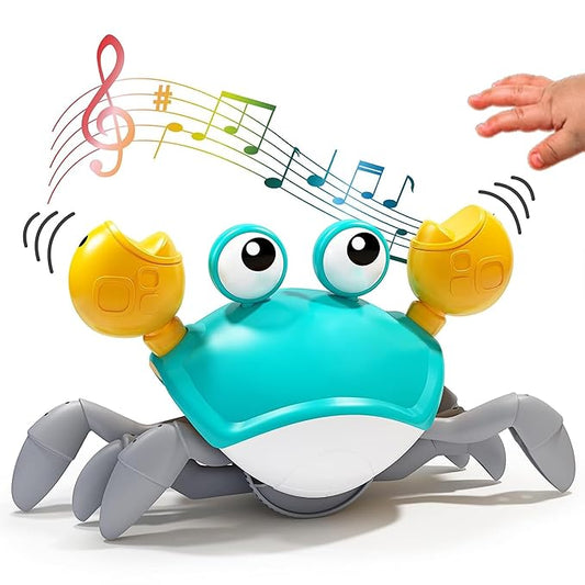 Crawling crab baby musical toy with LED lights and rechargeable battery, designed as a tambourine for kids.