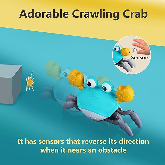 Crawling crab baby musical toy with LED lights and rechargeable battery, designed as a tambourine-style musical toy for kids.